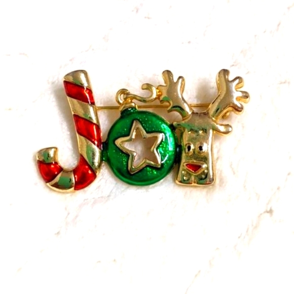 Vintage 1980's Christmas "Joy" Enameled and Goldtone Brooche - Picture 3 of 9
